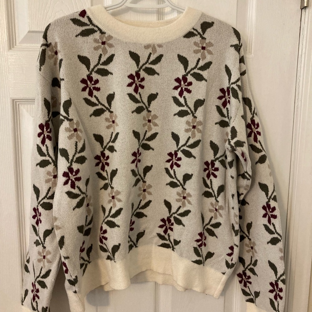 Ann Taylor Floral Knit Sweater - Cream and Burgundy